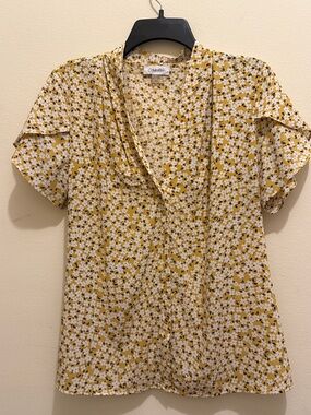 Calvin Klein Yellow Floral V-Neck Flutter Sleeve Blouse